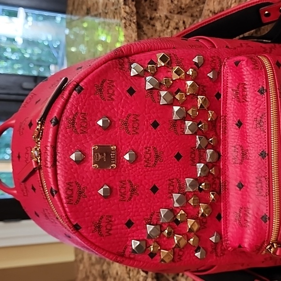 MCM Red Visetos Stark Studded Medium Backpack - Picture 4 of 17